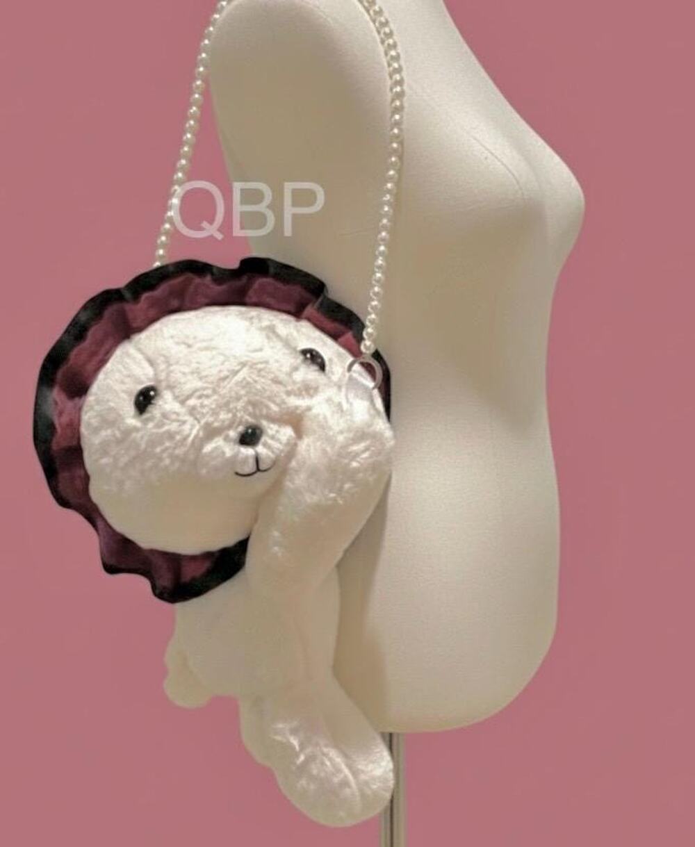 Adorable White Teddy Bear Plush Crossbody Bag Purse Pearls Strap Bear Lovers